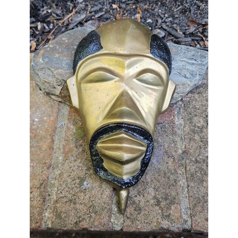 Vintage Solid Brass Tribal Face West Africa Style Collectible Decor 8"